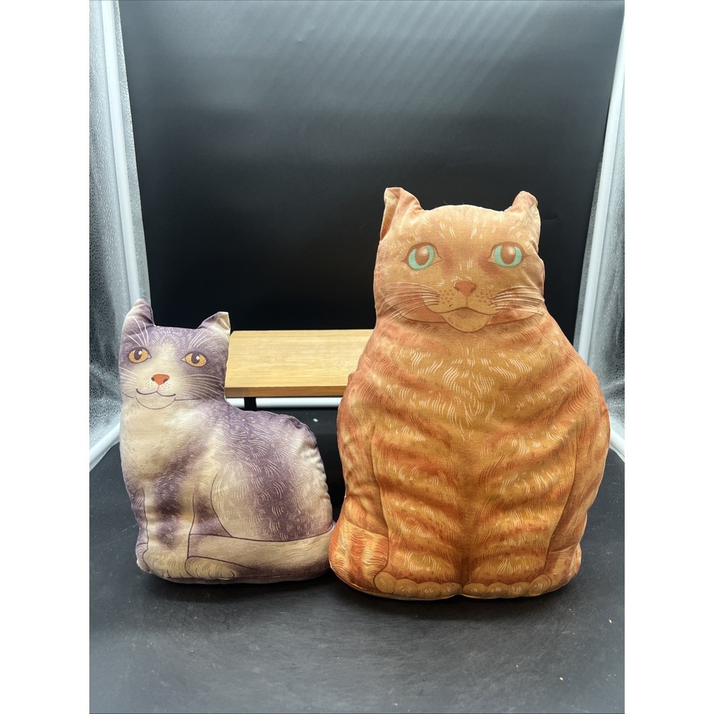 Vintage Plush Cat Pillows Sewn Fabric Panels Handmade Pair 9" & 12"